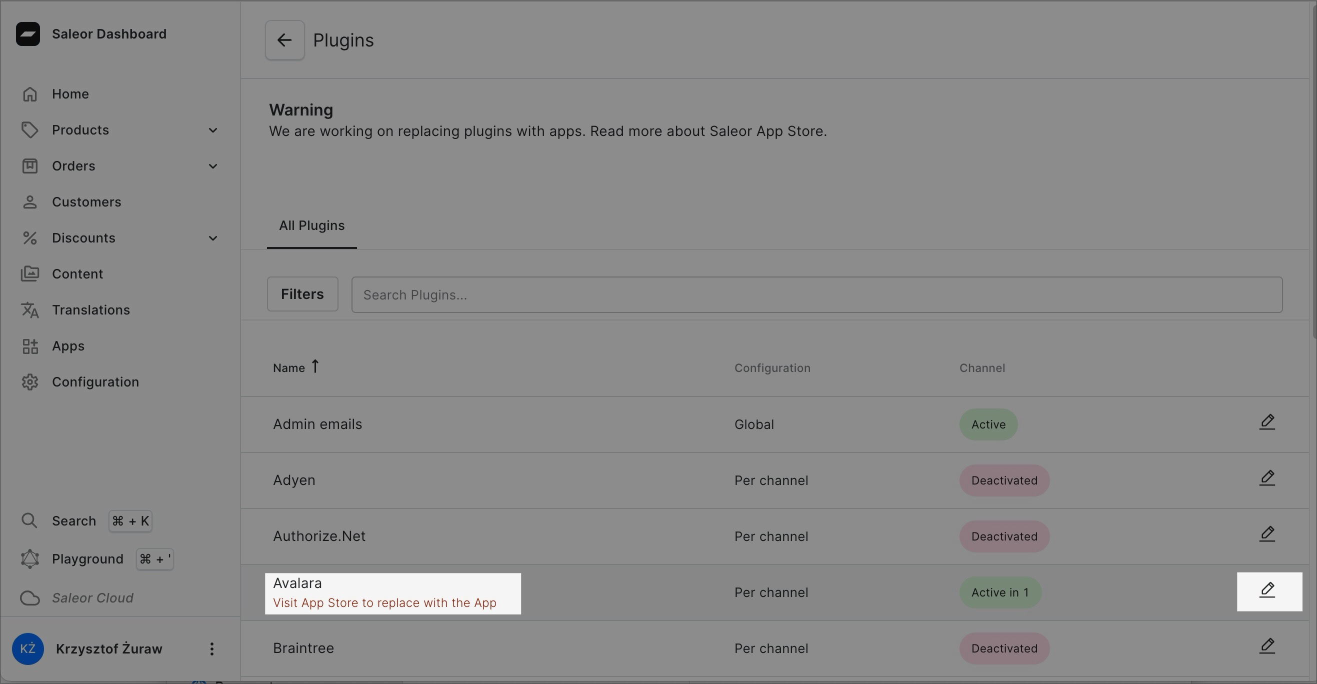 A screenshot of the Saleor Dashboard displaying the "Plugins" section. There is a list of plugins with the name "Avalara" highlighted.
